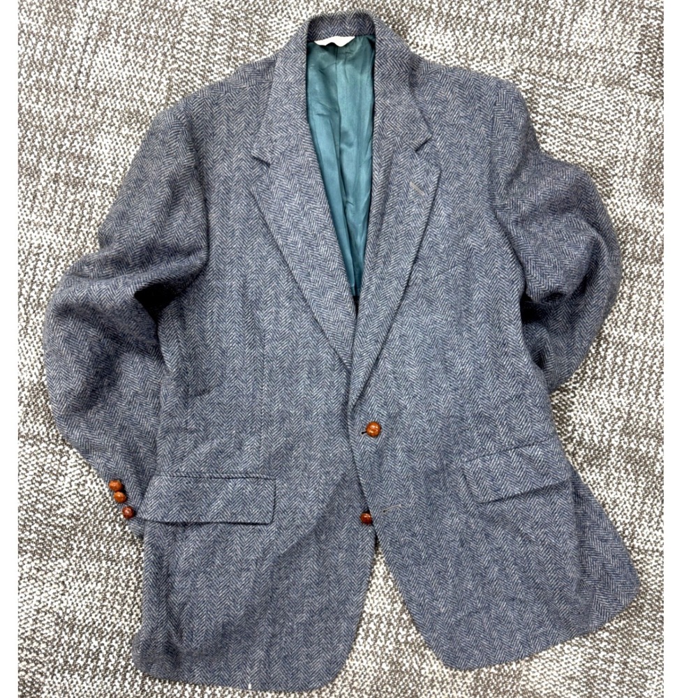 Hunt Valley 70s Mens 44R Vintage 100% Wool Herringbone Blazer Blue-Grey USA Made